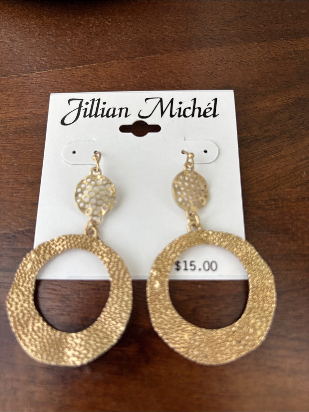 Jillian Michel Hammered textured hoop w/smaller cutout disk,fishhook,dangle